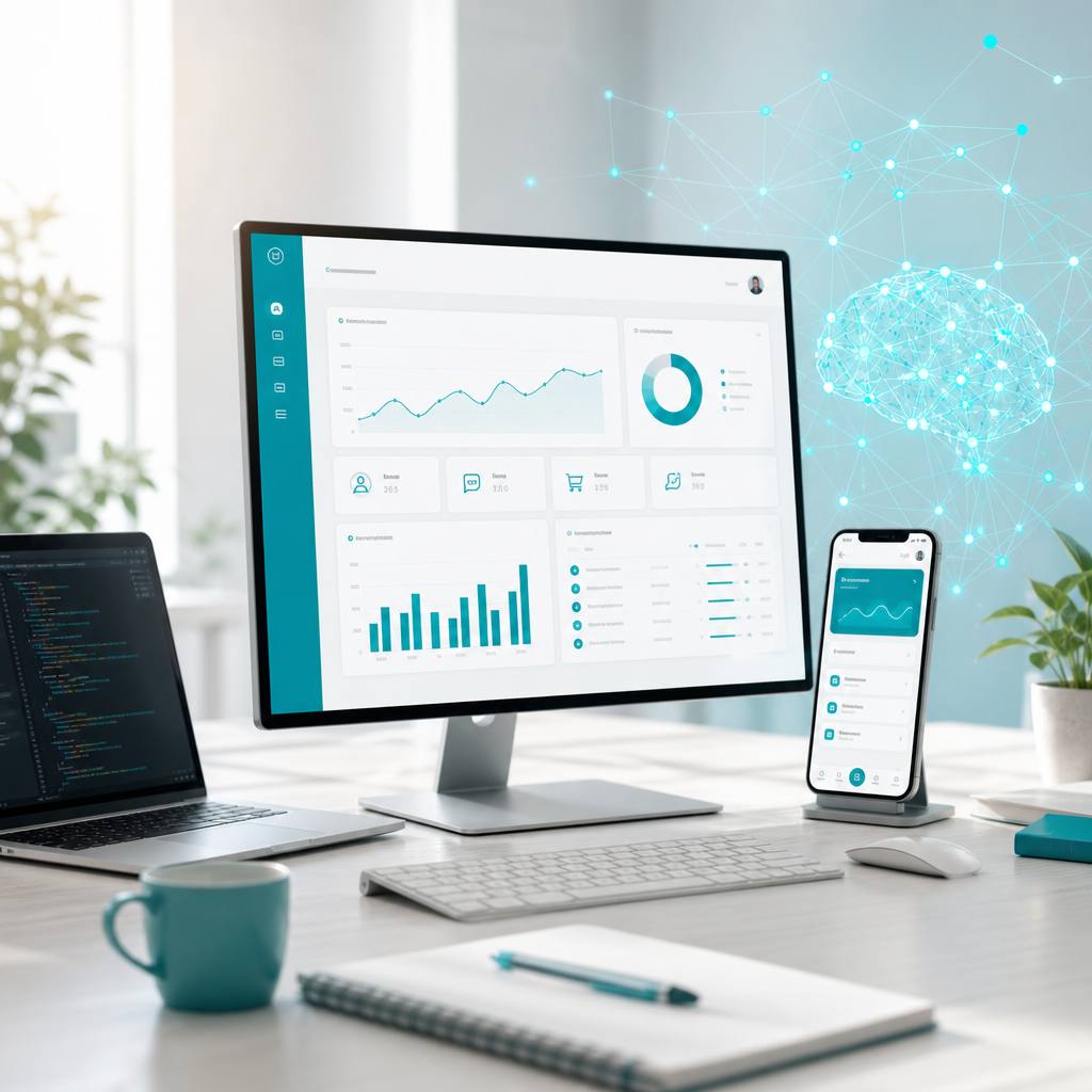 Custom software development architecture workspace with enterprise web and mobile application design