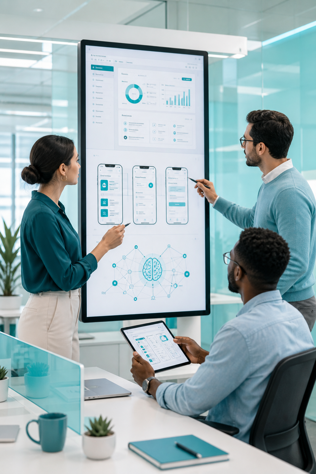 Software consulting team discussing scalable web and AI architecture